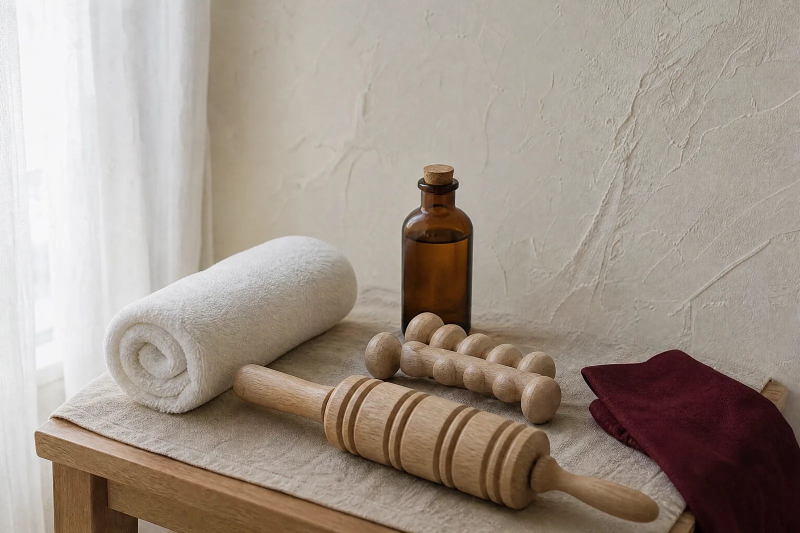 Toalla de algodón, aceite corporal y rodillos de maderoterapia sobre una mesa de madera